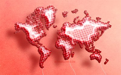 Rosso Realistico Palloncini mappa del mondo, 4k, 3D, mappe, Mappa del Mondo, Concetto, illustrazione, Rosso, palloncini, creativo, mappa del mondo in 3D, Mondo, Mappa