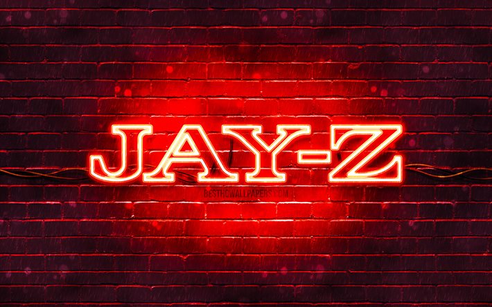Jay-Z kırmızı logo, 4k, s&#252;per yıldızlar, Amerikalı rap&#231;i, kırmızı brickwall, Jay-Z logosu, Shawn Corey Carter, Jay-Z, m&#252;zik yıldızları, Jay-Z neon logosu