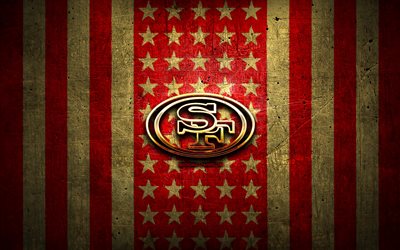 San Francisco 49ers -lippu, NFL, punaruskea metallitausta, amerikkalaisen jalkapallojoukkueen joukkue, San Francisco 49ers -logo, USA, amerikkalainen jalkapallo, kultainen logo, San Francisco 49ers