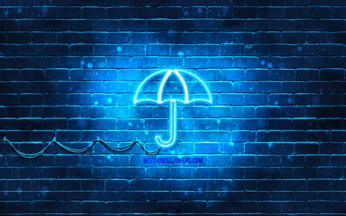 Icona al neon dell&#39;ombrello, 4k, sfondo blu, simboli al neon, ombrello, icone al neon, segno dell&#39;ombrello, insegne del computer, icona dell&#39;ombrello, icone del computer