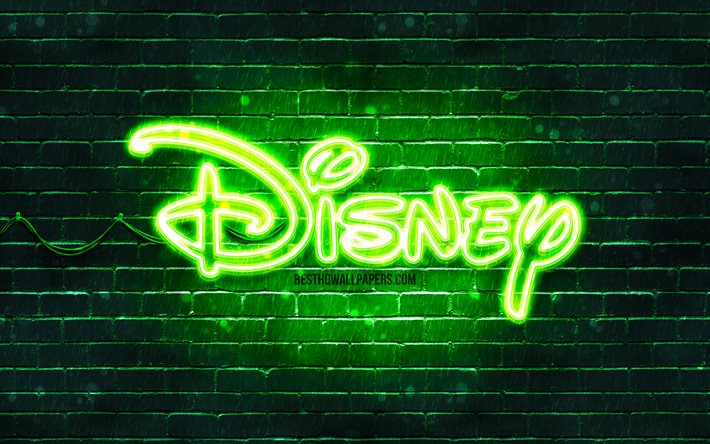 Logo verde Disney, 4k, muro di mattoni verde, logo Disney, opera d&#39;arte, logo al neon Disney, Disney