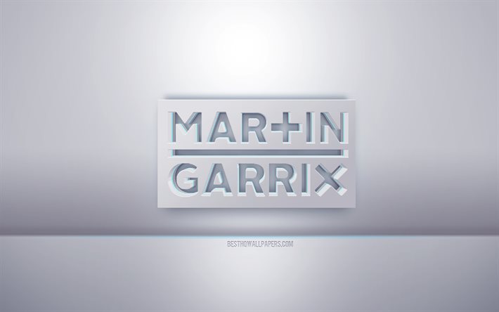 Logotipo branco 3D de Martin Garrix, fundo cinza, logotipo de Martin Garrix, arte criativa em 3D, Martin Garrix, emblema em 3D