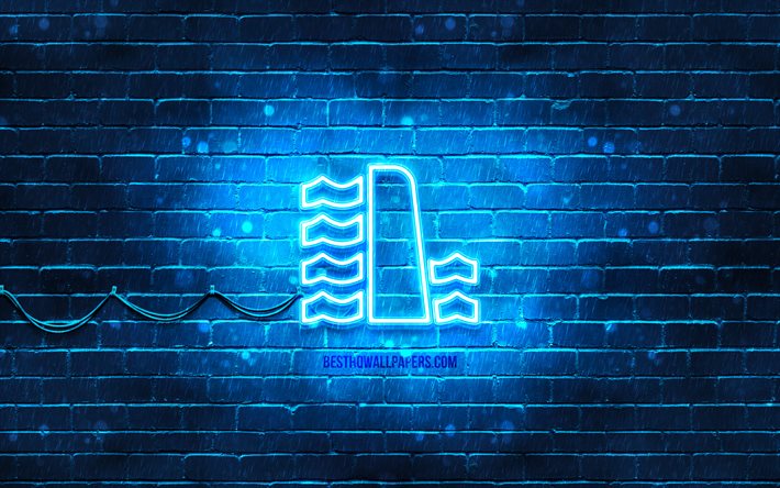 أيقونة السد النيون, 4 ك, الخلفية الزرقاء, رموز النيون, حاجز, أيقونات النيون, علامة السد, علامات المباني, أيقونة السد, أيقونات المباني