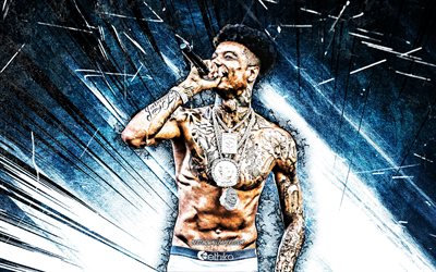 4k, Blueface, grunge art, american rapper, music stars, Migos, Blueface with microphone, blue abstract rays, Johnathan Porter, american celebrity, Blueface 4K