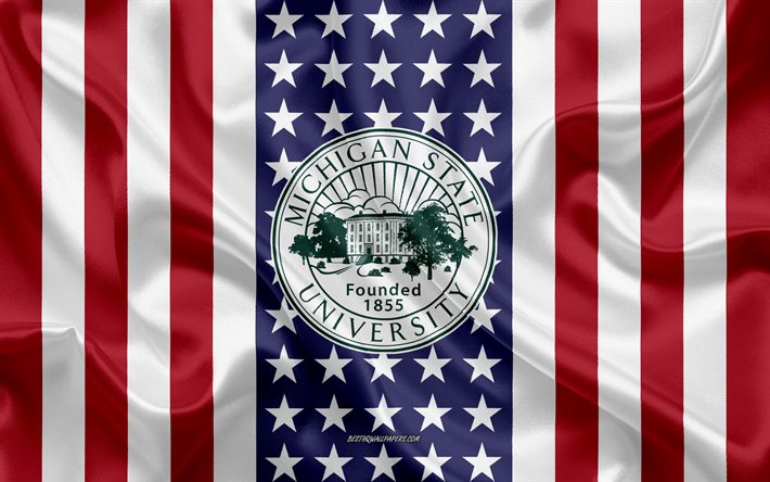 Emblema della Michigan State University, bandiera americana, logo della Michigan State University, East Lansing, Michigan, USA, Michigan State University