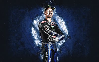 Maverick Vinales, Monster Energy Yamaha MotoGP, espanjalainen moottoripy&#246;r&#228;ilij&#228;, MotoGP, sininen kivi tausta, muotokuva, MotoGP World Championship