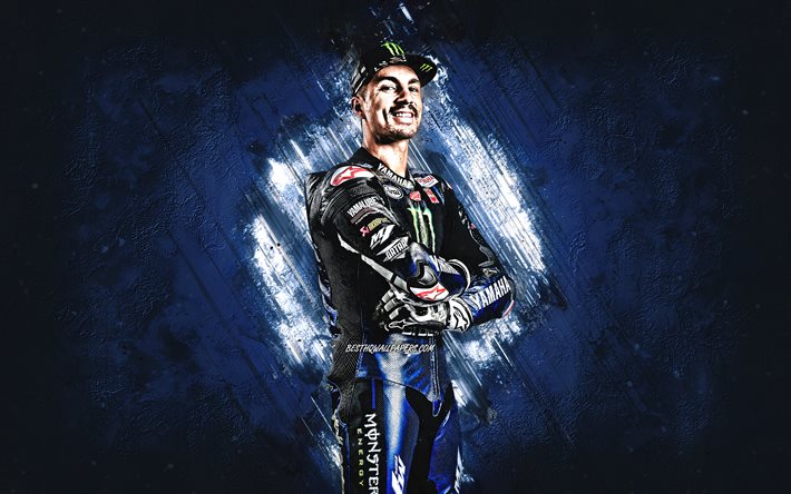 Maverick Vinales, Monster Energy Yamaha MotoGP, Spanish motorcycle racer, MotoGP, blue stone background, portrait, MotoGP World Championship