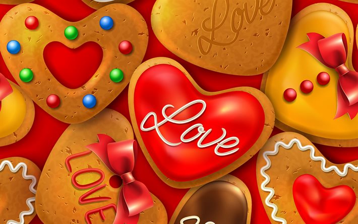 Kalp kurabiye, 4k, kurabiye ile kırmızı arka plan, aşk arka plan, aşk bisk&#252;vi arka plan