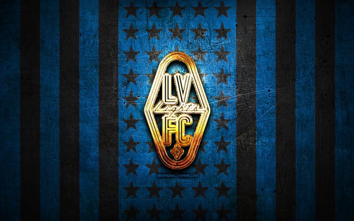 Bandiera di Las Vegas Lights, USL, sfondo blu metallo nero, club di calcio americano, logo di Las Vegas Lights, USA, calcio, Las Vegas Lights FC, logo dorato