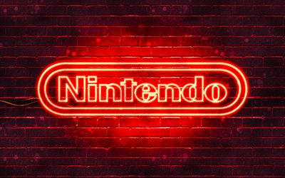Nintendo kırmızı logosu, 4k, kırmızı brickwall, Nintendo logosu, markalar, Nintendo neon logosu, Nintendo