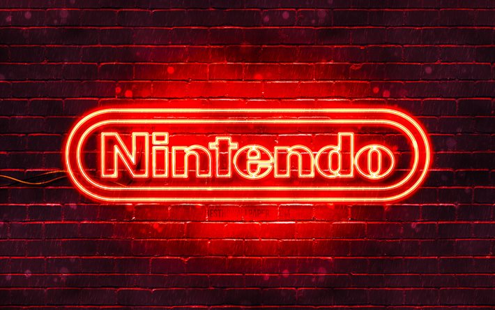 Logo rouge Nintendo, 4k, brickwall rouge, logo Nintendo, marques, logo n&#233;on Nintendo, Nintendo
