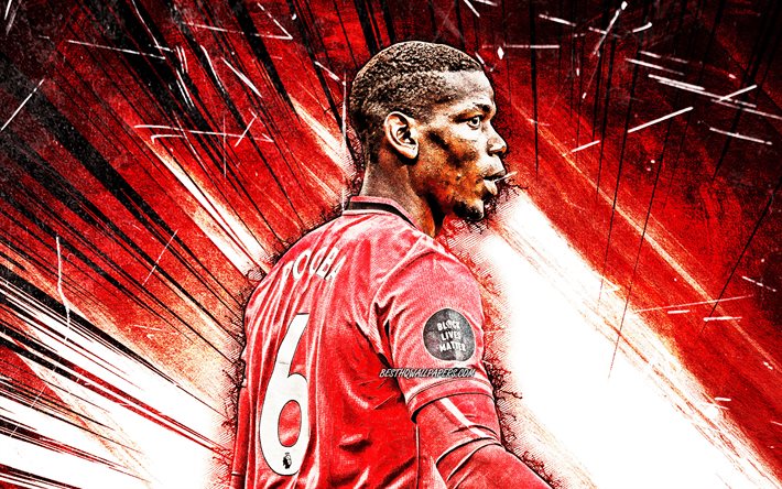 4k, Paul Pogba, red abstract rays, back view, Manchester United FC, french footballers, Premier League, Paul Labile Pogba, grunge art, Paul Pogba Manchester United, Man United, Paul Pogba 4K, soccer, football