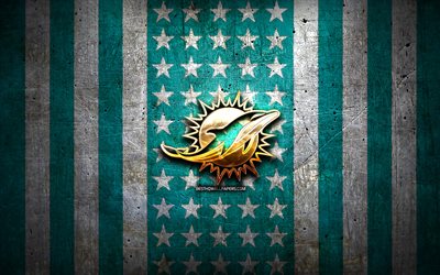 Miami Dolphins flag, NFL, blue white metal background, american football team, Miami Dolphins logo, USA, american football, golden logo, Miami Dolphins
