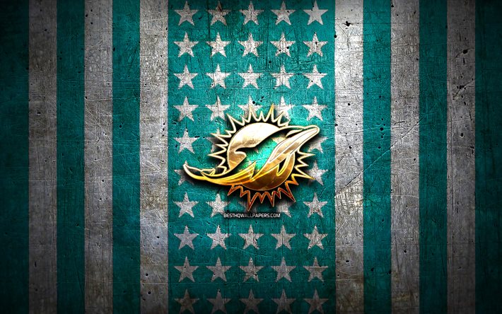 Download wallpapers Miami Dolphins flag, NFL, blue white metal