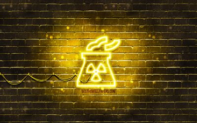 Icona al neon della centrale nucleare, 4K, sfondo giallo, simboli al neon, centrale nucleare, icone al neon, segno della centrale nucleare, segni di edifici, icona della centrale nucleare, icone di edifici