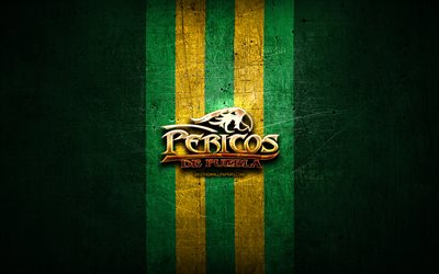 Pericos de Puebla, golden logo, LMB, green metal background, mexican baseball team, Mexican Baseball League, Pericos de Puebla logo, baseball, Mexico