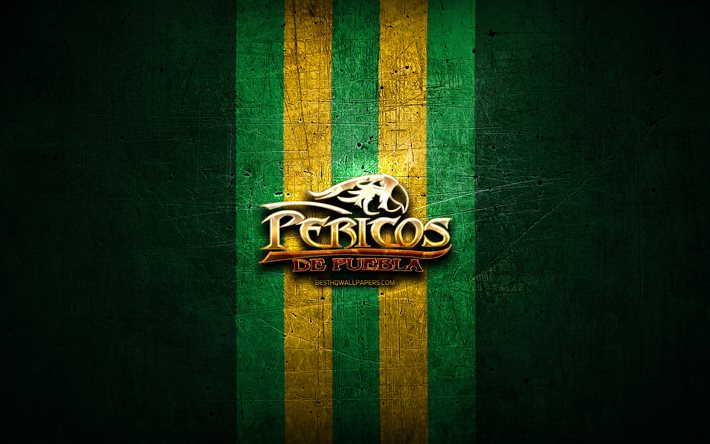 Pericos de Puebla, logotipo dourado, LMB, fundo de metal verde, time mexicano de beisebol, Liga Mexicana de Beisebol, logotipo Pericos de Puebla, beisebol, M&#233;xico