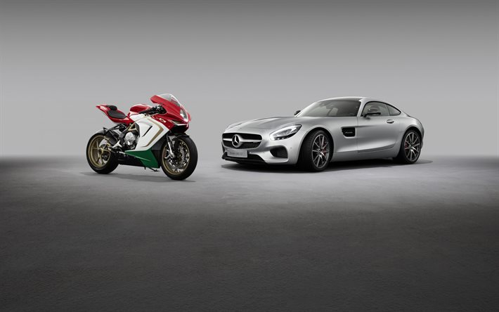 Mercedes-AMG GT Coup&#233;, 2020, MV Agusta F3 800, superbil, racermotorcykel, bil eller motorcykel, Mercedes
