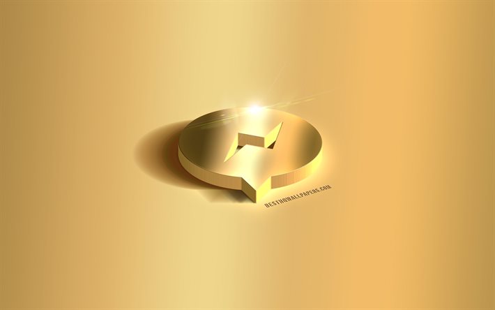 Logotipo dourado do Messenger 3d, emblema do Messenger, logotipo do Messenger, fundo dourado, Messenger, m&#237;dia social, arte 3D