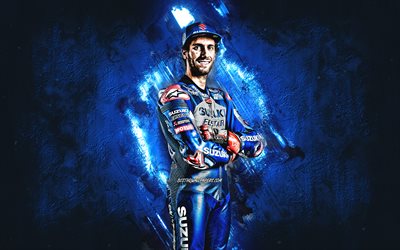 Alex Rins, Team SUZUKI ECSTAR, Spanish motorcycle racer, MotoGP, blue stone background, portrait, MotoGP World Championship