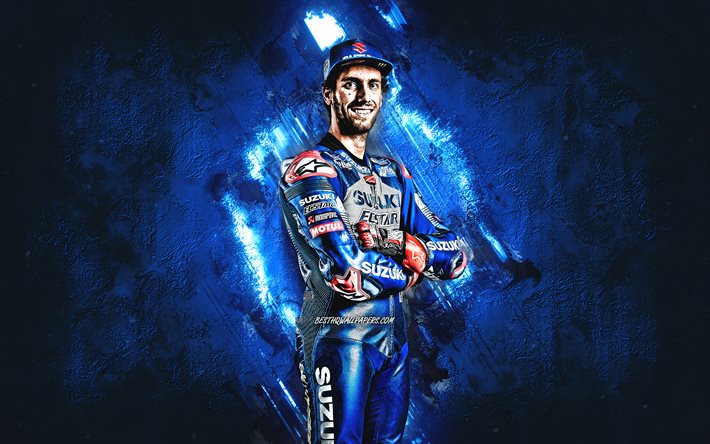 Alex Rins, Team SUZUKI ECSTAR, piloto espanhol de motociclismo, MotoGP, fundo de pedra azul, retrato, Campeonato Mundial de MotoGP