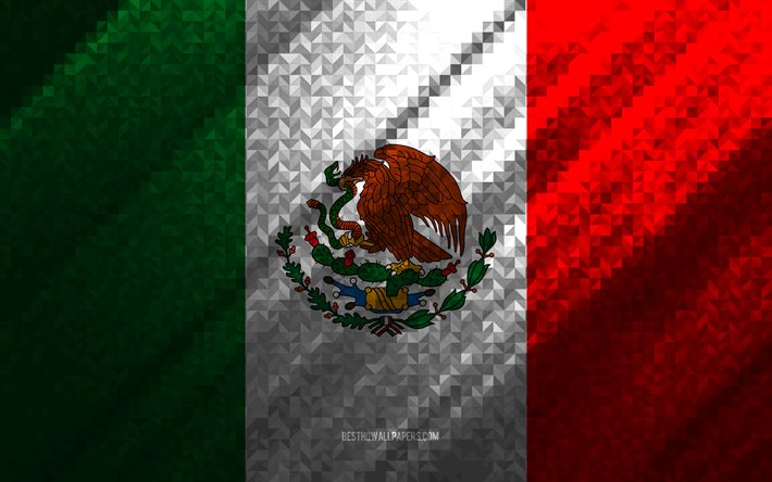 Drapeau du Mexique, abstraction multicolore, drapeau mosa&#239;que du Mexique, Mexique, art de la mosa&#239;que, drapeau du Mexique