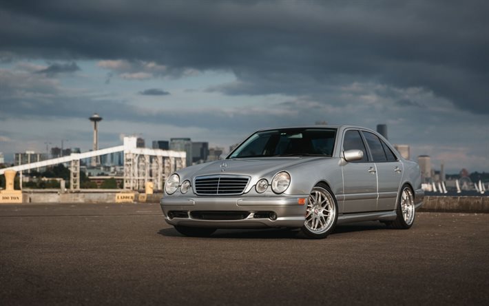 Mercedes-Benz E55 AMG, W210, silver sedan, silver E-klass W210, tyska bilar