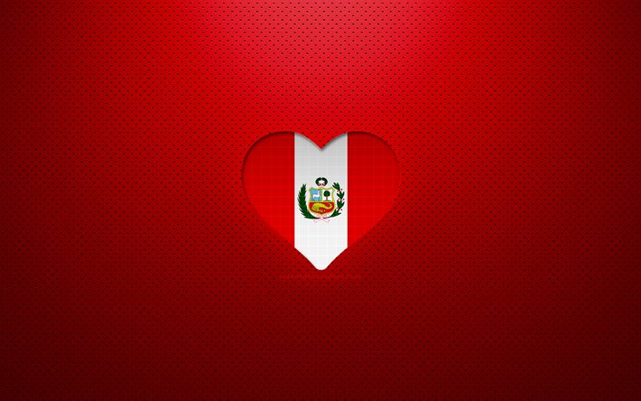 I Love Peru, 4k, pays d’Am&#233;rique du Sud, fond pointill&#233; rouge, coeur p&#233;ruvien de drapeau, P&#233;rou, pays pr&#233;f&#233;r&#233;s, P&#233;rou d’amour, drapeau p&#233;ruvien