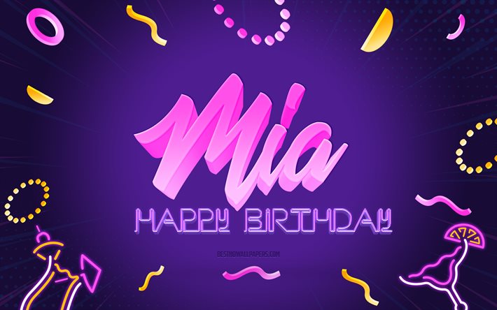 Buon compleanno Mia, 4k, Purple Party Background, Mia, arte creativa, Nome Mia, Compleanno Mia, Sfondo festa di compleanno
