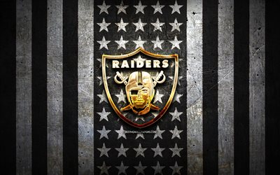 Oakland Raidersin lippu, NFL, musta valkoinen metallitausta, amerikkalaisen jalkapallon joukkue, Oakland Raidersin logo, USA, amerikkalainen jalkapallo, kultainen logo, Oakland Raiders
