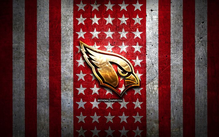 アリゾナ・カージナルスの旗, NFL, 赤いホワイトメタルの背景, アメリカンフットボール, アリゾナカージナルスのロゴ, 米国, 黄金のロゴ, アリゾナカージナルス