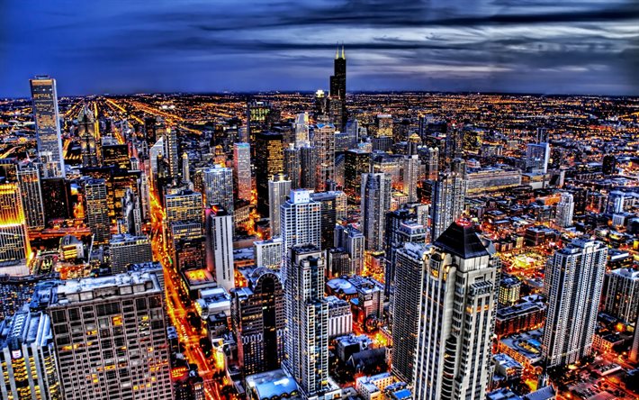 Chicago, sil&#252;eti şehir manzaraları, HDR, Amerikan şehirleri, Illinois, Amerika, Chicago gece, ABD, Chicago Şehir, Illinois Şehirler