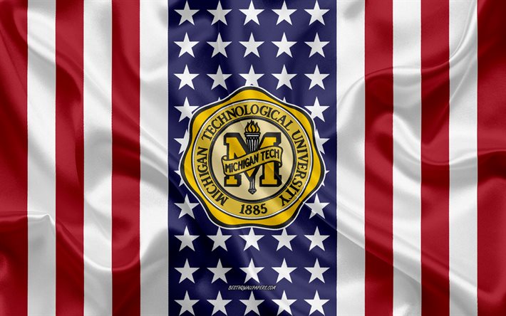 Michigan Technological University Emblem, American Flag, Michigan Technological University logo, Houghton, Michigan, USA, Michigan Technological University
