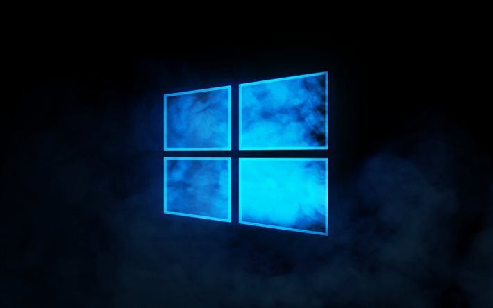Mavi neon Windows 10 logosu, mavi arka plan, Windows logosu, neon sanat, Windows 10 logosu, Windows