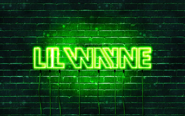 Lil Wayne green logo, 4k, superstars, cantor americano, green brickwall, logotipo Lil Wayne, Dwayne Michael Carter, Lil Wayne, estrelas da m&#250;sica, logotipo lil wayne neon