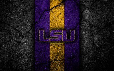 LSU Tigers, 4k, time de futebol americano, NCAA, pedra amarela violeta, EUA, textura de asfalto, futebol americano, logotipo da LSU Tigers
