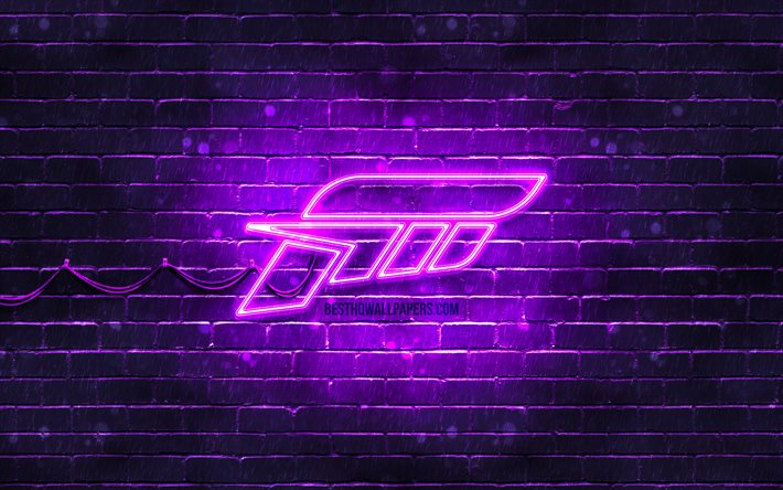 forza violett logo, 4k, violette ziegelwand, forza logo, 2020 spiele, forza neon logo, forza