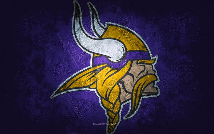 Minnesota Vikings, squadra di football americano, sfondo in pietra viola, logo Minnesota Vikings, arte grunge, NFL, football americano, STATI UNITI, emblema dei Minnesota Vikings