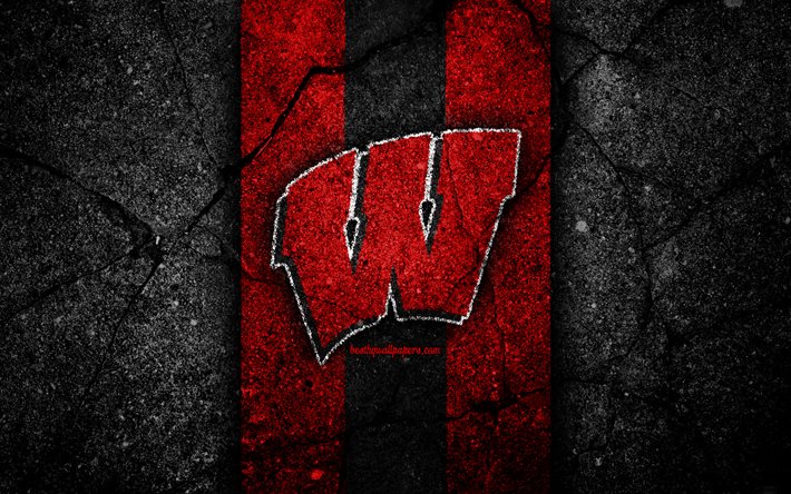 Wisconsin Badgers, 4k, amerikansk fotbollslag, NCAA, r&#246;d svart sten, USA, asfalt textur, amerikansk fotboll, Wisconsin Badgers logotyp
