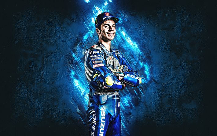Joan Mir, Team SUZUKI ECSTAR, pilota motociclistico spagnolo, MotoGP, sfondo pietra blu, ritratto, Campionato del Mondo MotoGP