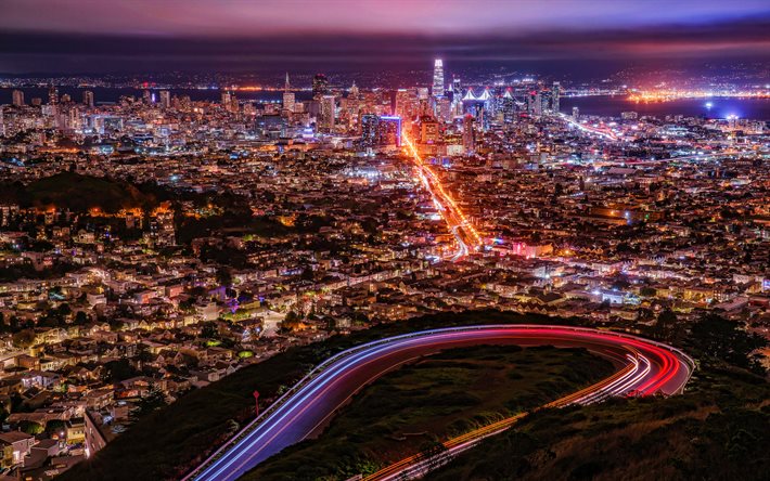 San Francisco, 4k, nightscapes, megapolis, skyline stadsbilder, amerian st&#228;der, USA, Amerika, San Francisco p&#229; natten