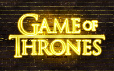 Game Of Thrones yellow logo, 4k, yellow brickwall, TV Series, Game Of Thrones logo, fashion Game Of Thrones neon logo, Game Of Thrones