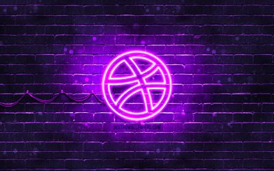 Dribbble violet logo, 4k, violet brickwall, Dribbble logo, social networks, Dribbble neon logo, Dribbble