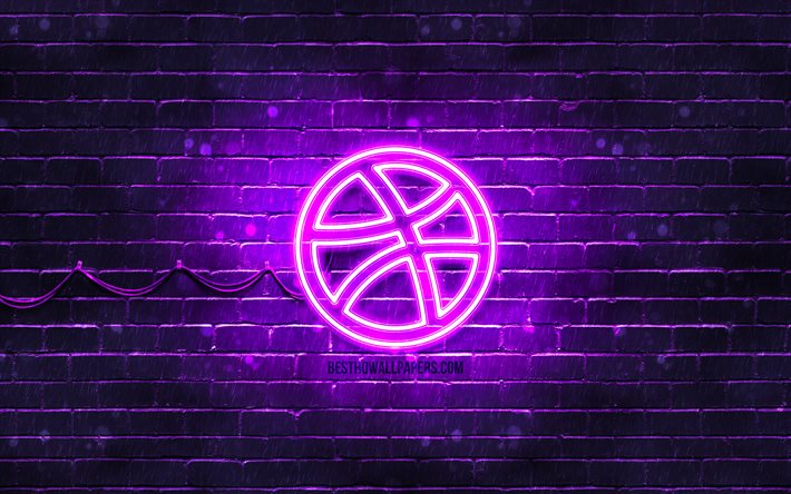 Logotipo violeta dribbble, 4k, parede de tijolos violeta, logotipo dribbble, redes sociais, logotipo de neon Dribbble, Dribbble