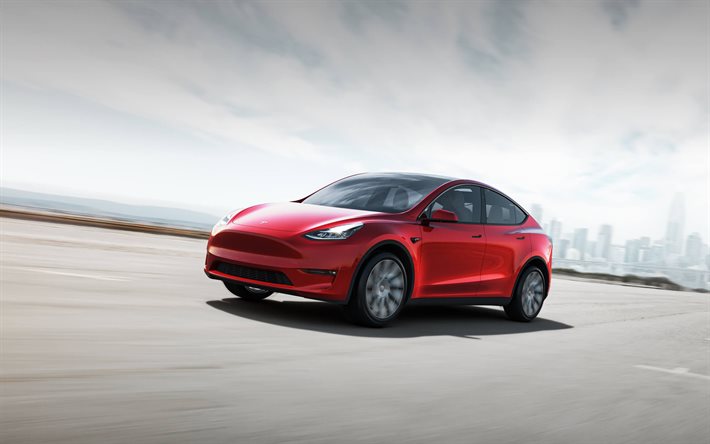 Tesla Model Y, 2021, exterior, front view, electric crossover, new red Model Y, electric cars, Tesla