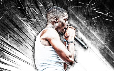 4k, Sheck Wes, grunge art, american rapper, music stars, Sheck Wes with microphone, white abstract rays, Khadimou Rassoul Cheikh Fall, american celebrity, Sheck Wes 4K