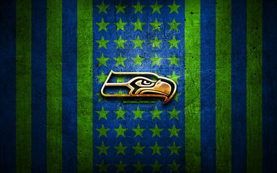 Seattle Seahawks flag, NFL, blue green metal background, american football team, Seattle Seahawks logo, USA, american football, golden logo, Seattle Seahawks