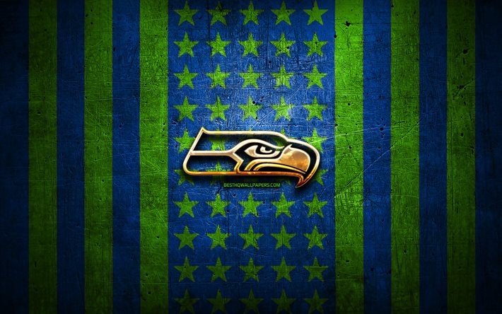 Seattle Seahawks flag, NFL, blue green metal background, american football team, Seattle Seahawks logo, USA, american football, golden logo, Seattle Seahawks