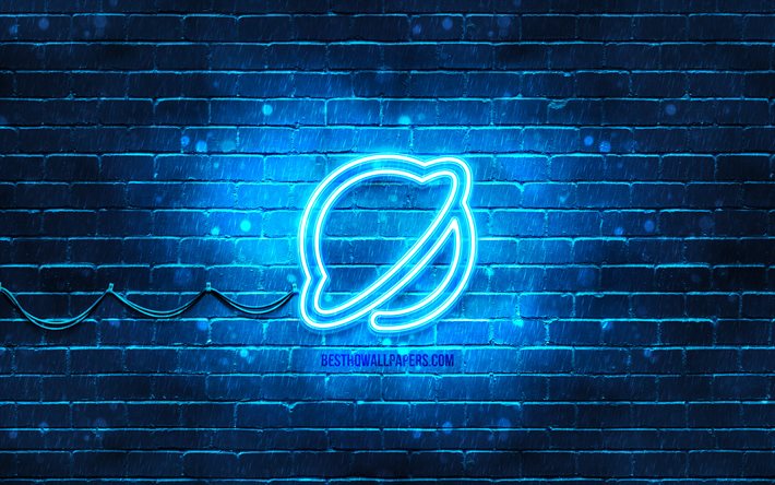 Saturn neon icon, 4k, blue background, neon symbols, Saturn, neon icons, Saturn sign, space signs, Saturn icon, space icons