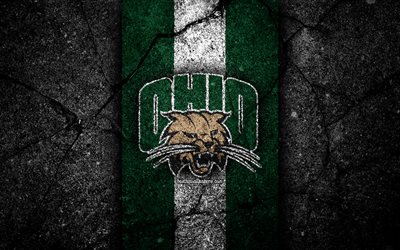 Ohio Bobcats, 4k, amerikansk fotbollslag, NCAA, gr&#246;n vit sten, USA, asfalt textur, amerikansk fotboll, Ohio Bobcats logotyp